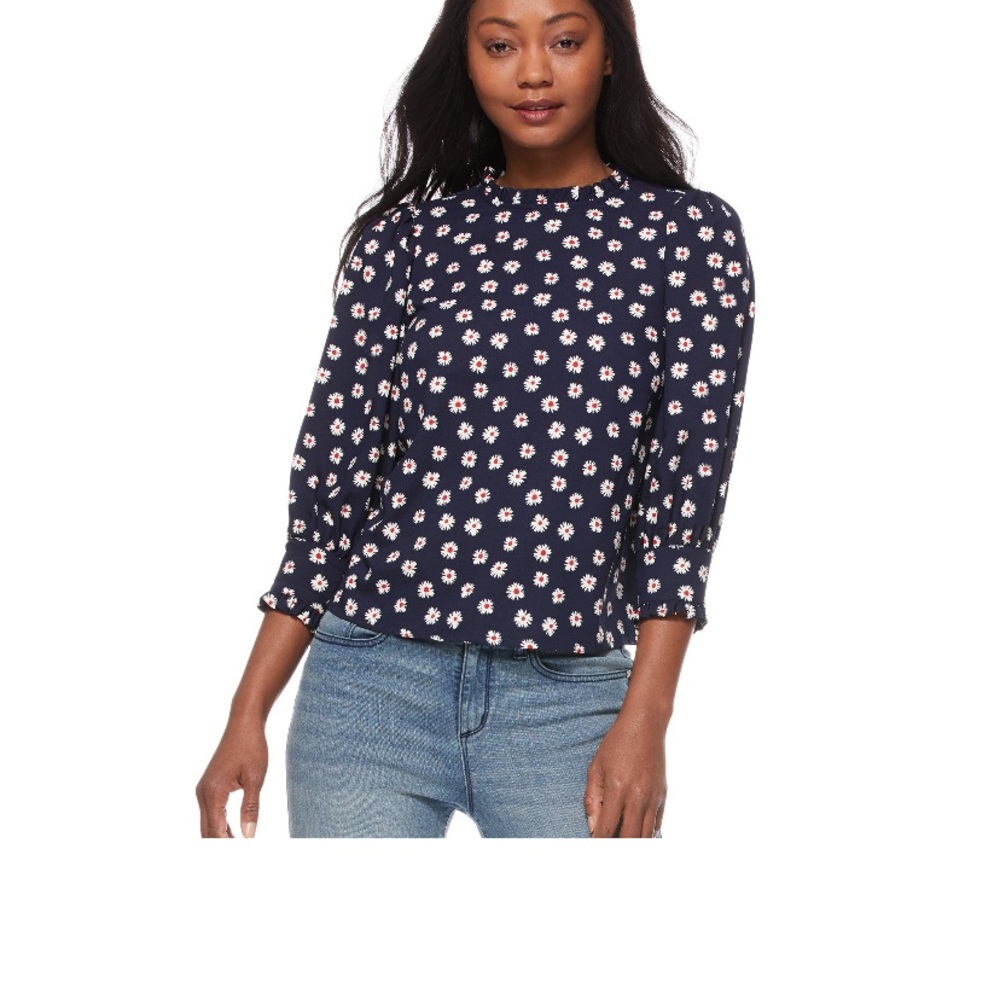 Scoop Mock Neck Top with Ruched Sleeves in Daisy